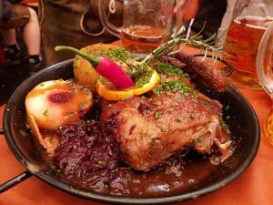 Delicious roast duck with potato dumpling and red cabbage are typical Swabian cuisine