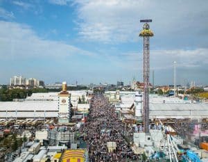 Oktoberfest festival grounds and crowd as seen from Ferris wheel